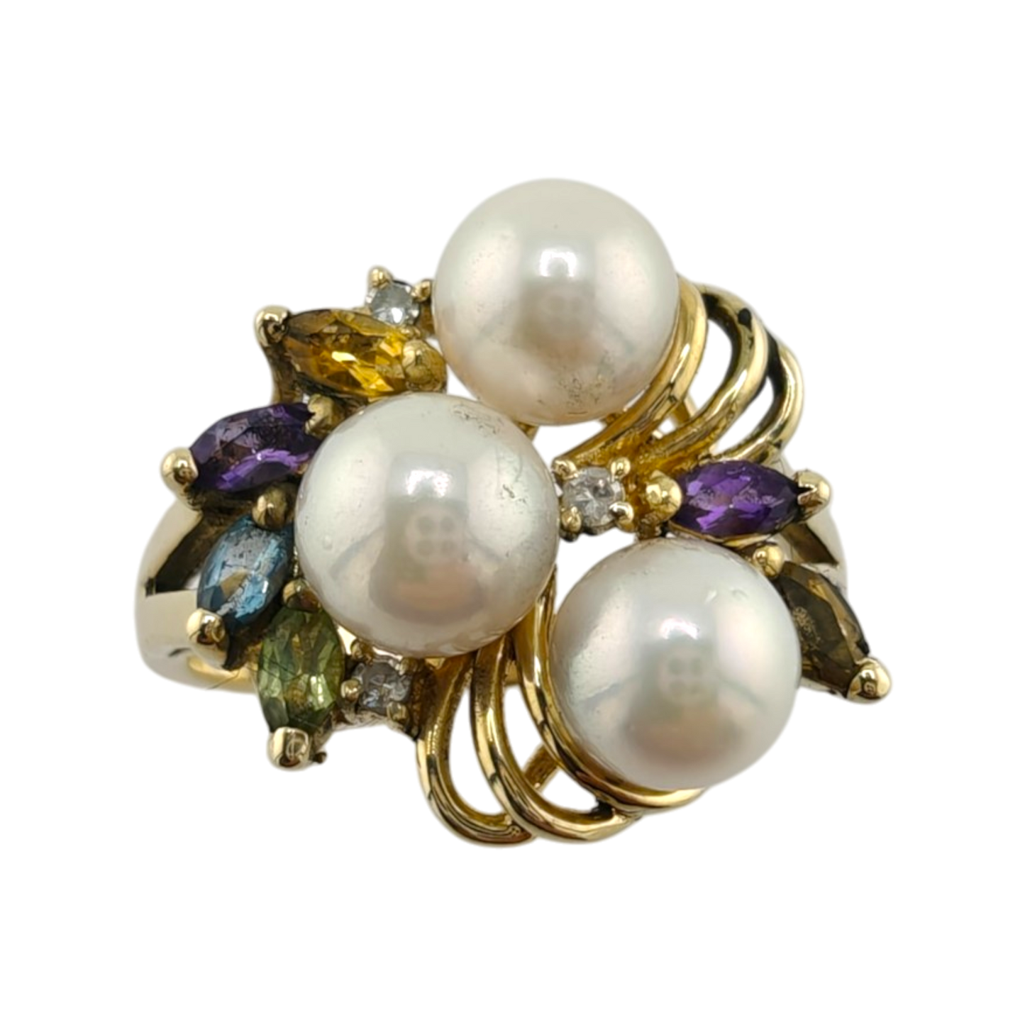 14k Yellow Gold Cocktail Ring with Diamonds, Marquise Stones, and Pearls