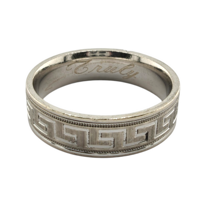 14k White Gold Men's Band Ring with Greek Key Pattern