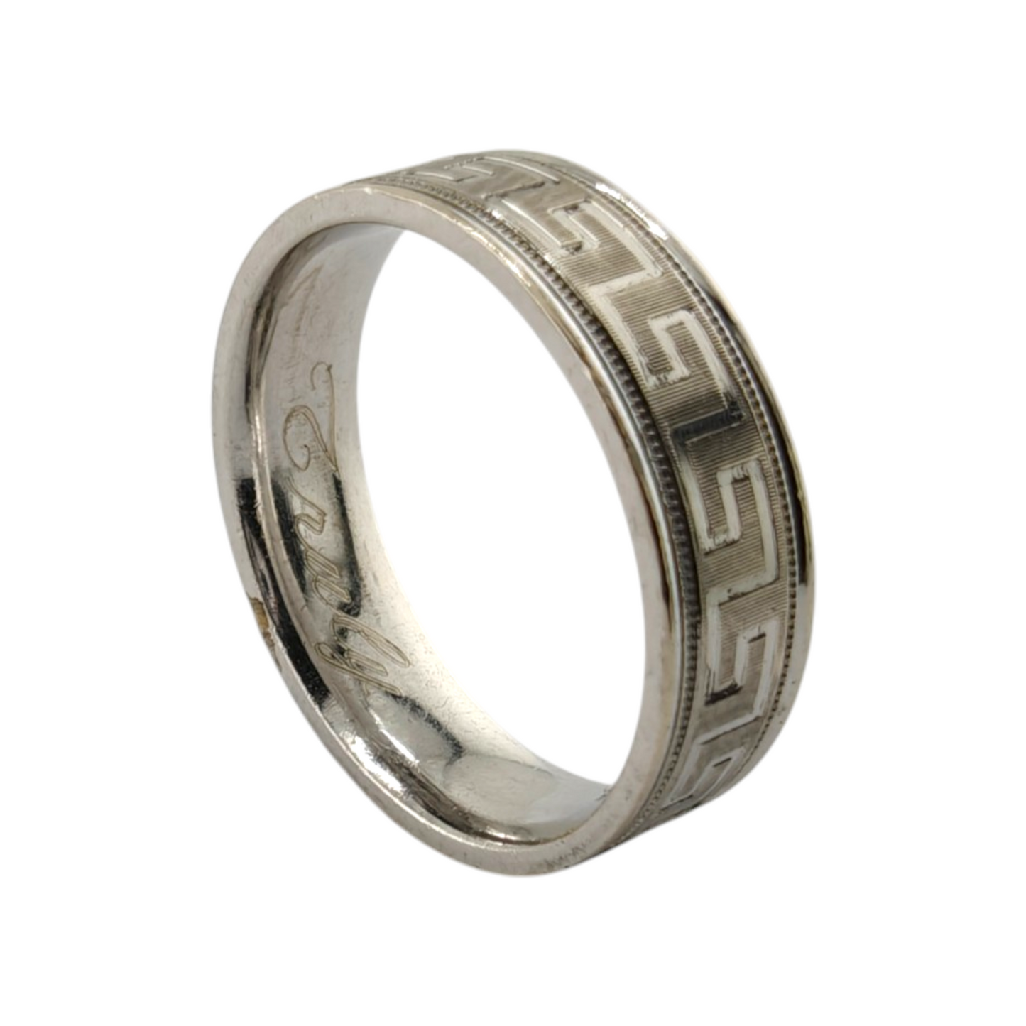 14k White Gold Men's Band Ring with Greek Key Pattern