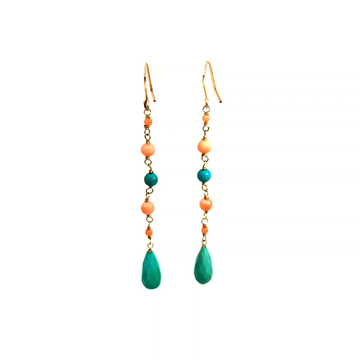 14K Yellow Gold Turquoise and Coral Bead Drop Earrings — image 1 of 6