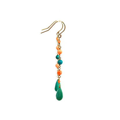 14K Yellow Gold Turquoise and Coral Bead Drop Earrings — image 4 of 6