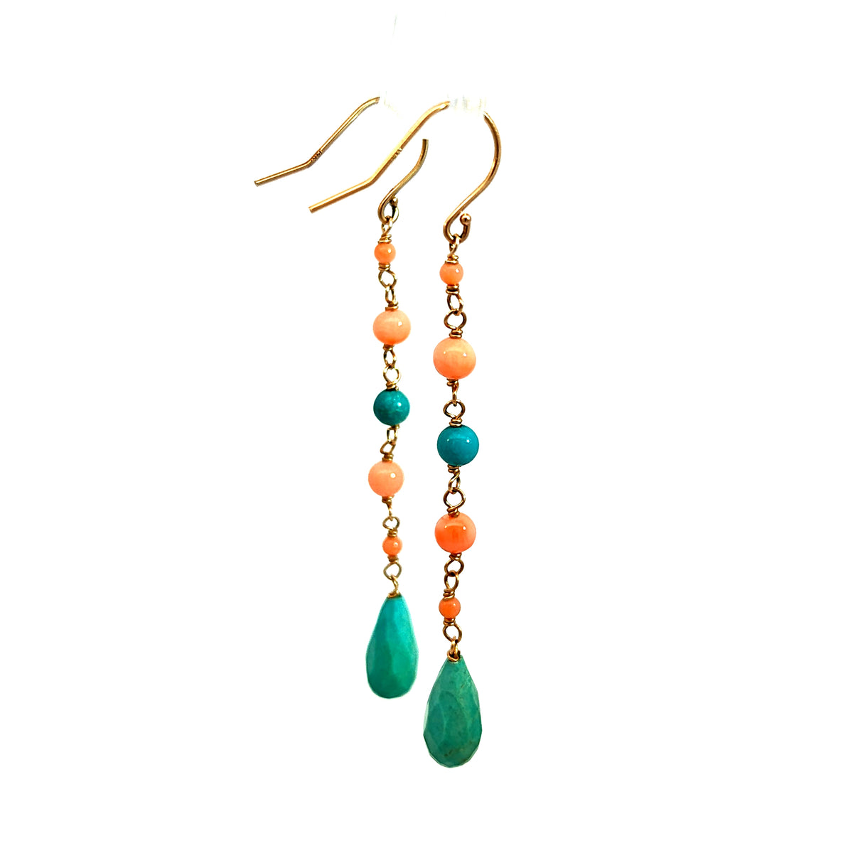 14K Yellow Gold Turquoise and Coral Bead Drop Earrings — image 5 of 6