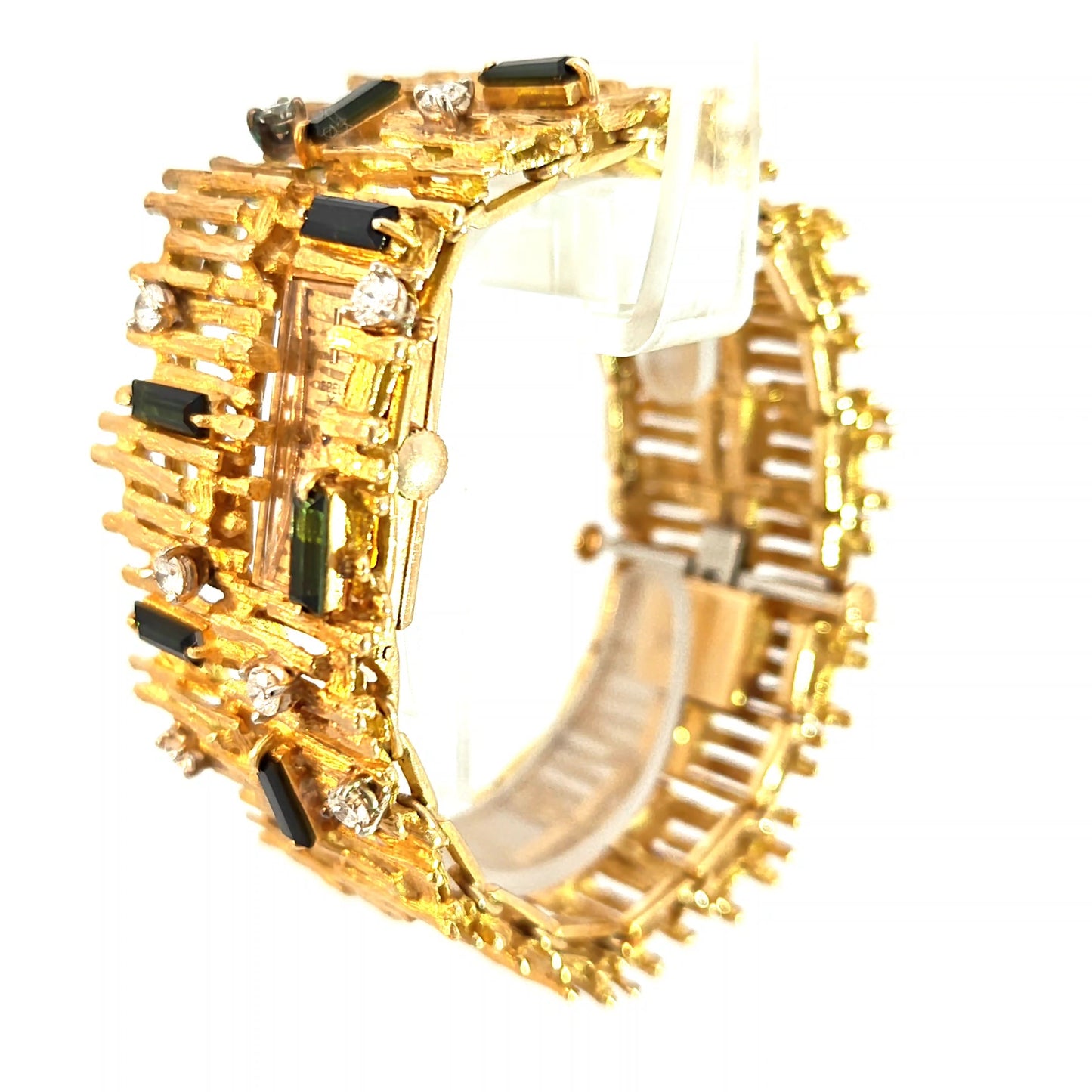 Ebel Retro 18k Yellow Gold Bark-Finish Diamond and Green Tourmaline Bracelet Watch