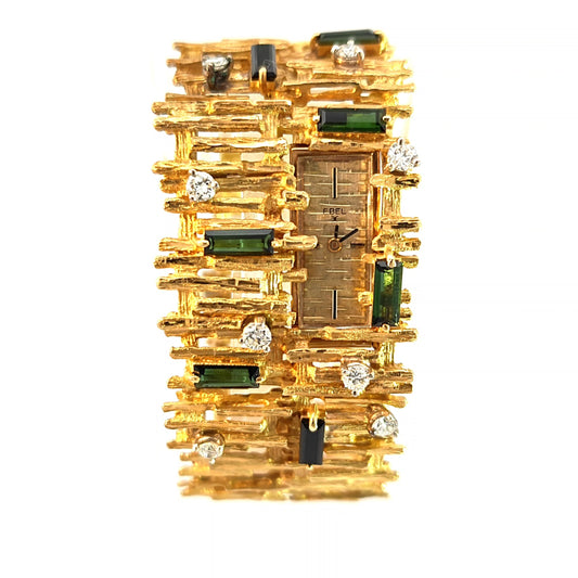 Ebel Retro 18k Yellow Gold Bark-Finish Diamond and Green Tourmaline Bracelet Watch