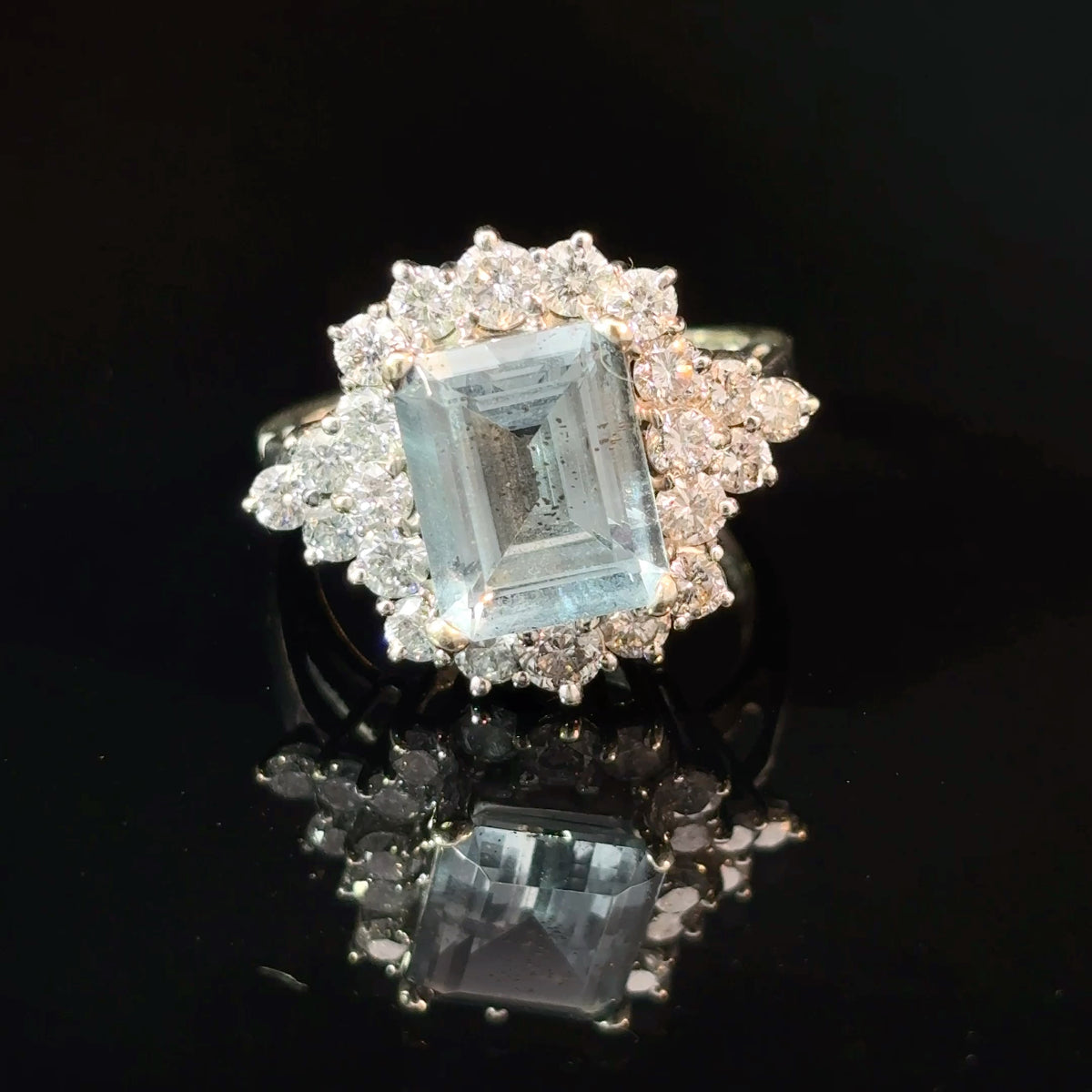 14K White Gold Aquamarine and Diamond Halo Cocktail Ring, Size 7 — image 1 of 4