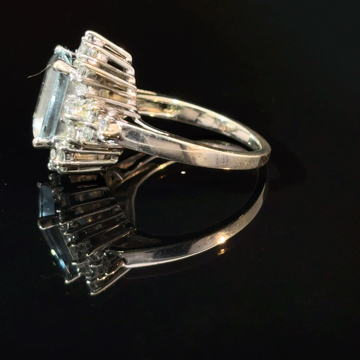 14K White Gold Aquamarine and Diamond Halo Cocktail Ring, Size 7 — image 2 of 4