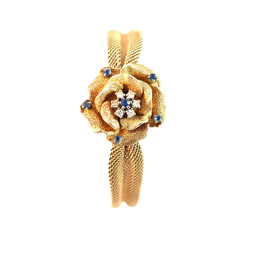 Vintage 14K Yellow Gold Diamond and Blue Sapphire Floral Hidden Watch Bracelet