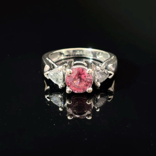 Pre-owned 18k White Gold Burgundy Tourmaline and Diamond Three-Stone Ring, Size 5