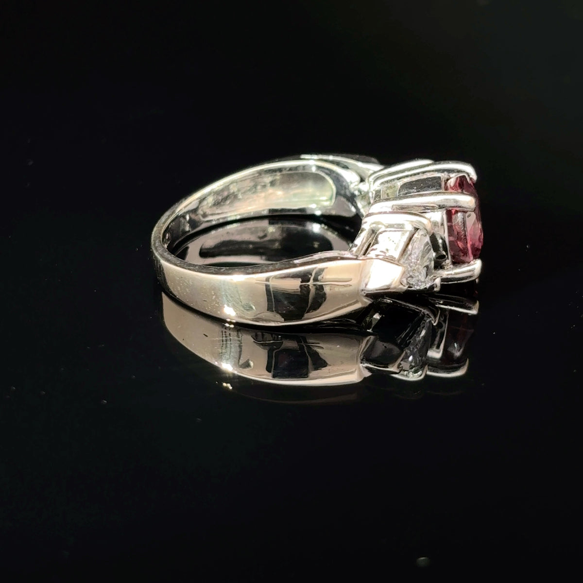 18k White Gold Burgundy Tourmaline and Diamond Three-Stone Ring, Size 5 — image 4 of 4