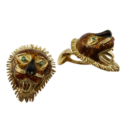 Vintage 18k Gold Lion Cufflinks with Emerald Eyes