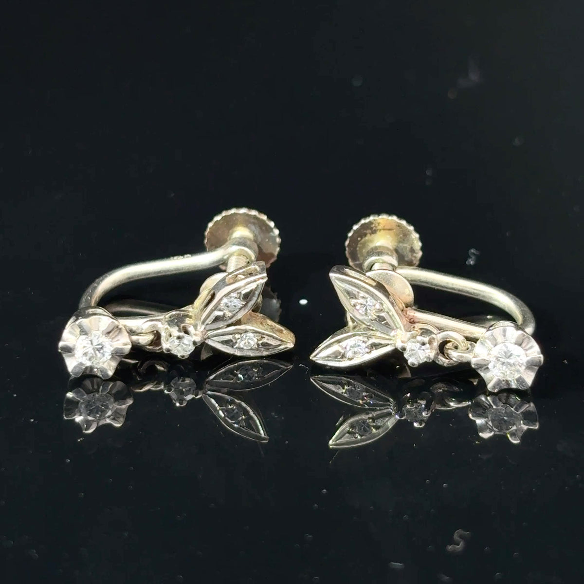 Mid-Century 14K White Gold Diamond Floral Spray Screw-Back Earrings — image 1 of 4