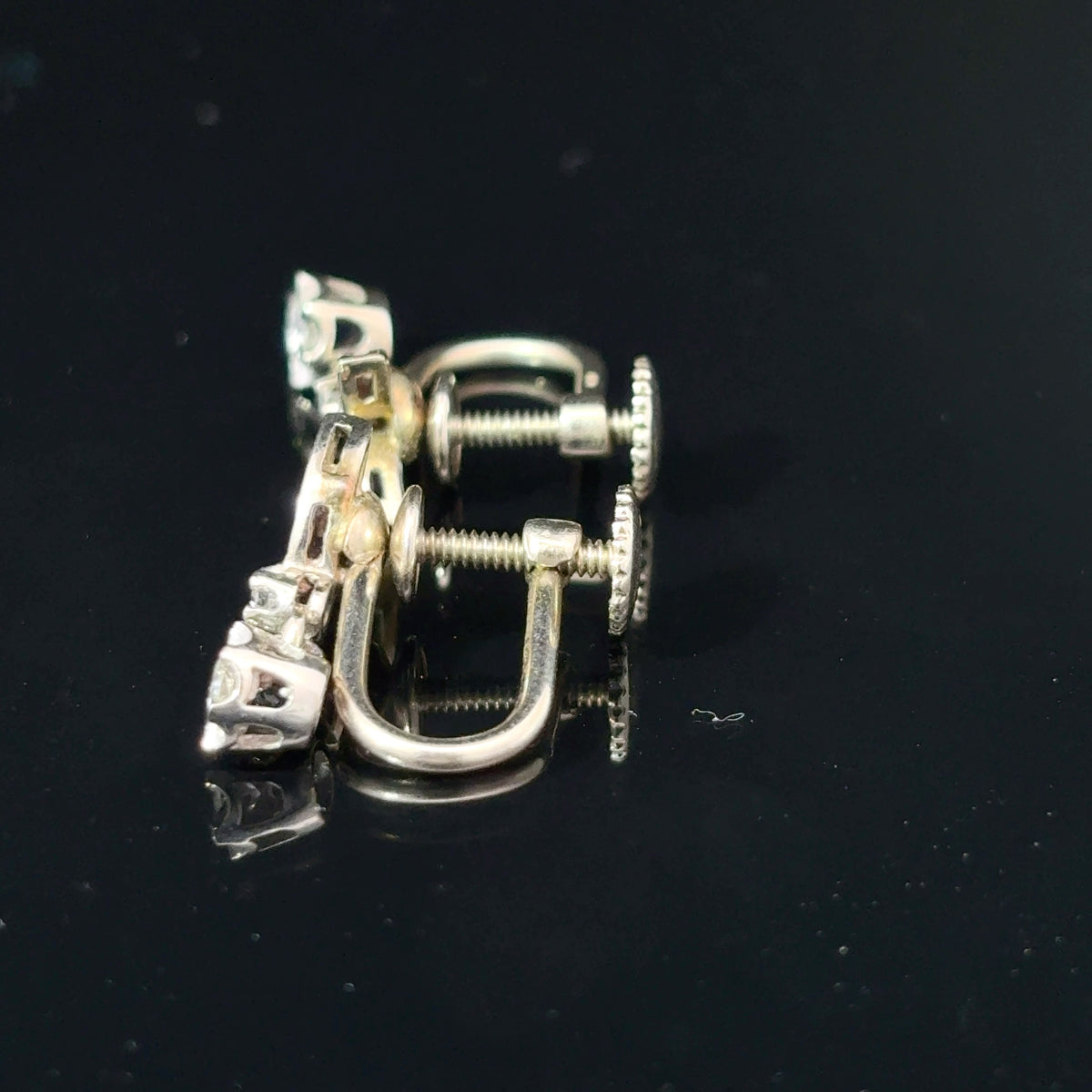 Mid-Century 14K White Gold Diamond Floral Spray Screw-Back Earrings — image 2 of 4