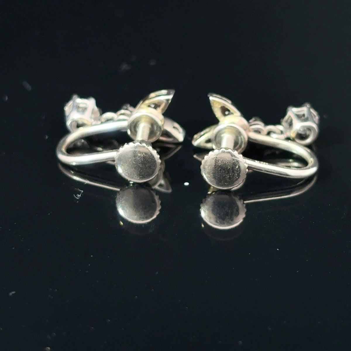 Mid-Century 14K White Gold Diamond Floral Spray Screw-Back Earrings — image 3 of 4