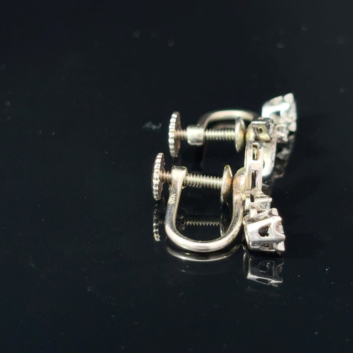 Mid-Century 14K White Gold Diamond Floral Spray Screw-Back Earrings — image 4 of 4