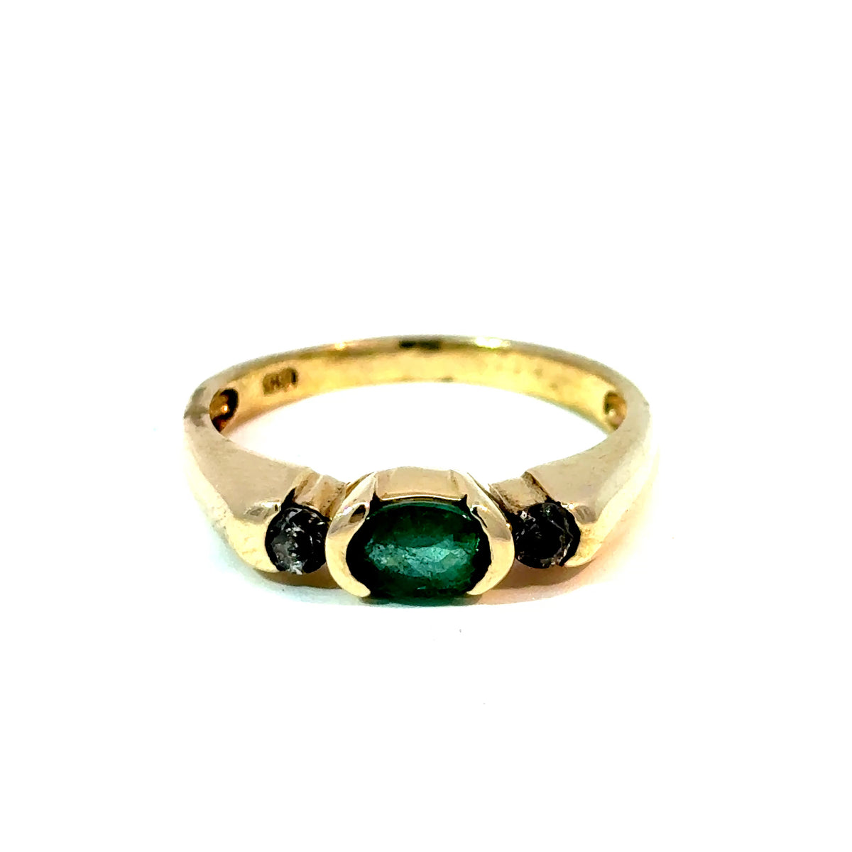 14K Yellow Gold Oval Emerald and Diamond Three-Stone Ring, Size 7 3/4 — image 1 of 4
