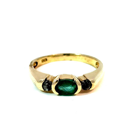 Pre-owned 14K Yellow Gold Oval Emerald and Diamond Three-Stone Ring, Size 7 3/4