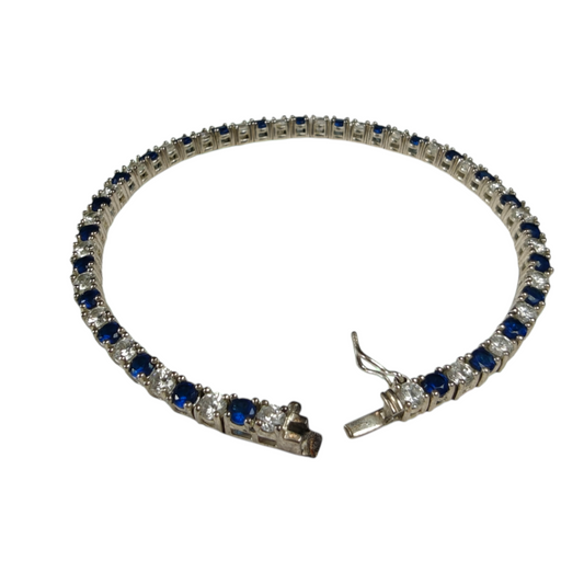 Elegant Silver Tennis Bracelet with Blue and White Cubic Zirconia