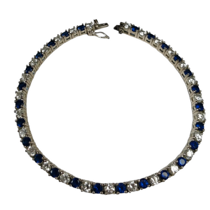 Sterling Silver Tennis Bracelet with White and Blue Cubic Zirconia