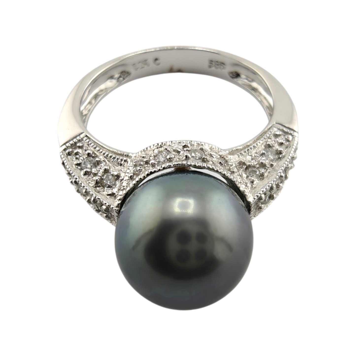 14k White Gold Black Pearl and Diamond Ring