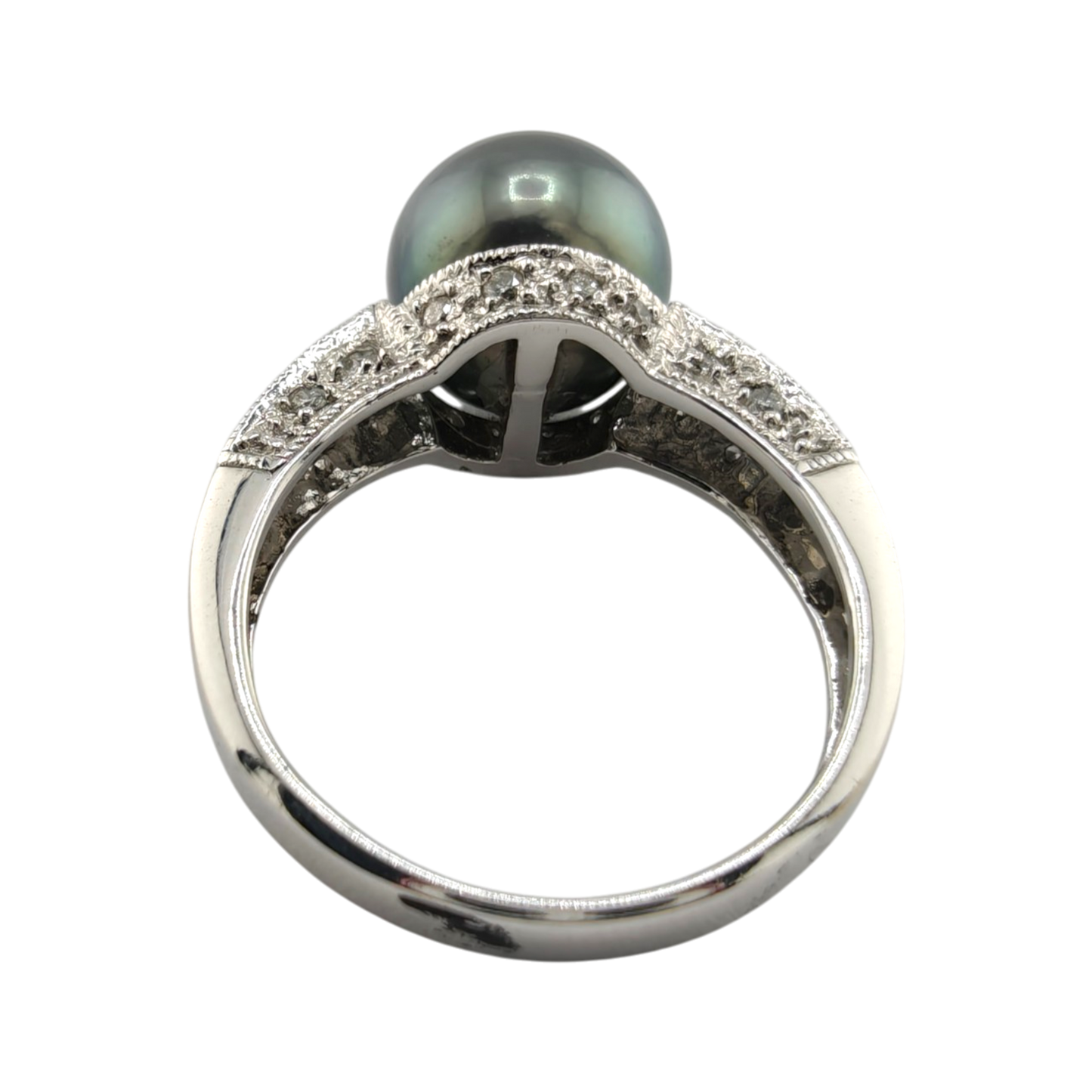 14k White Gold Black Pearl and Diamond Ring