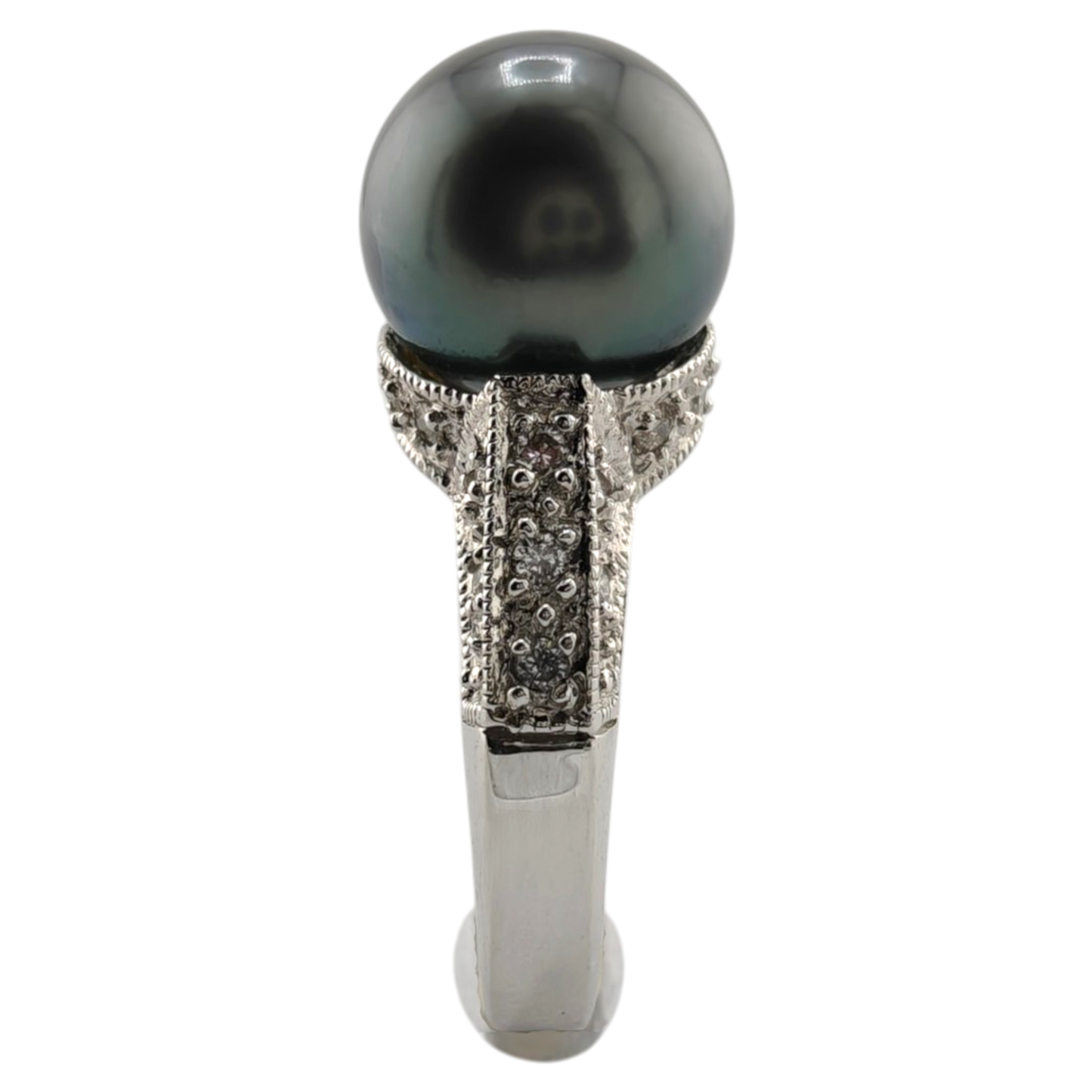 14k White Gold Black Pearl and Diamond Ring