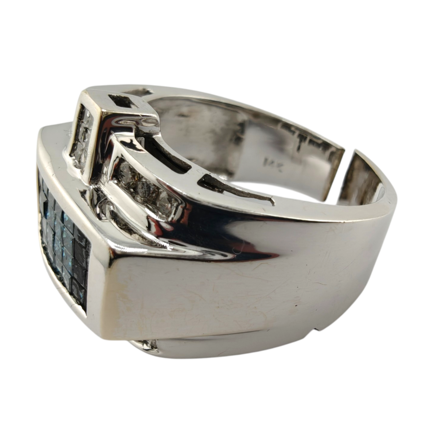 Men's 14K White Gold Blue Diamond-Style and Diamond Ring, Size 11