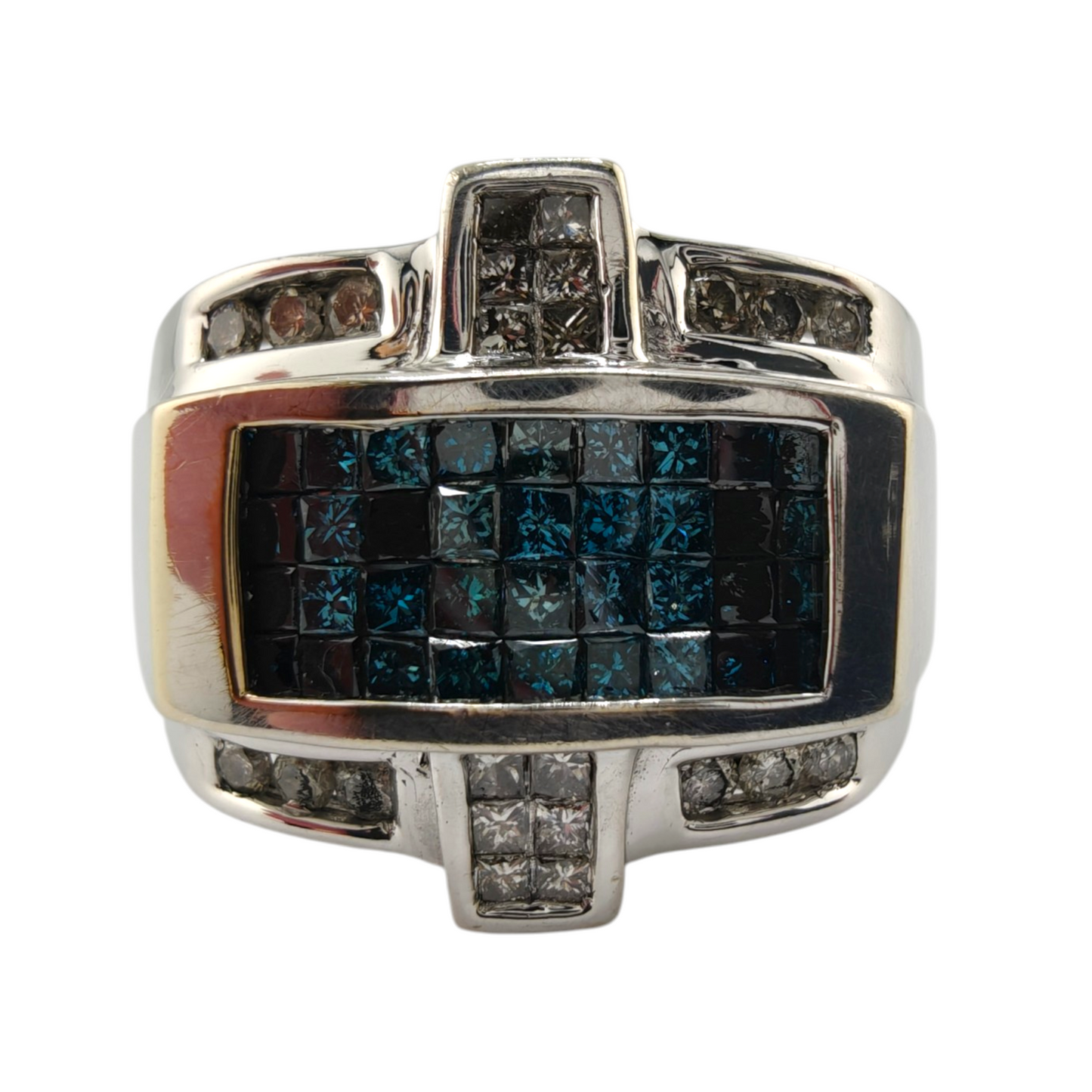 Men's 14K White Gold Blue Diamond-Style and Diamond Ring, Size 11