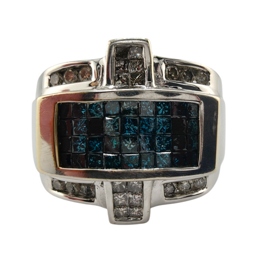 Men's 14K White Gold Blue Diamond-Style and Diamond Ring, Size 11