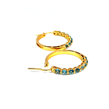 Estate 14k Yellow Gold Blue Topaz Hoop Earrings — image 4 of 4